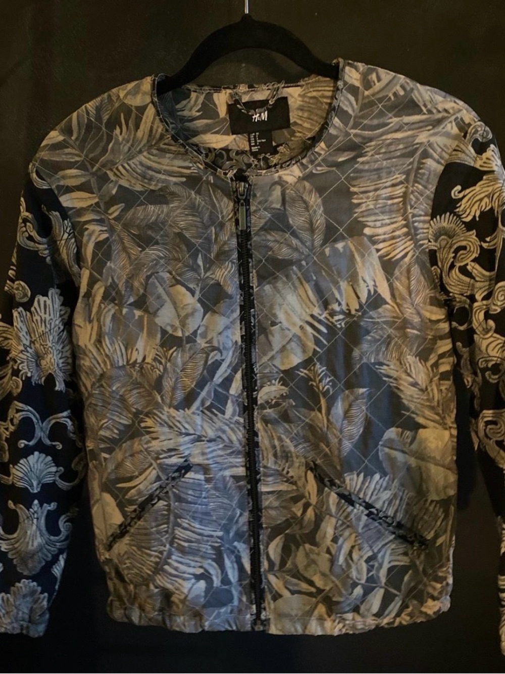 H&M Quilted Floral Bomber Jacket in Black and Gray